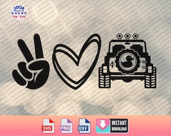 May include: Black and white graphic design featuring a peace sign, a heart, and a Jeep with a rubber ducky on the spare tire. The text "TEE-SVG" is in the top left corner.