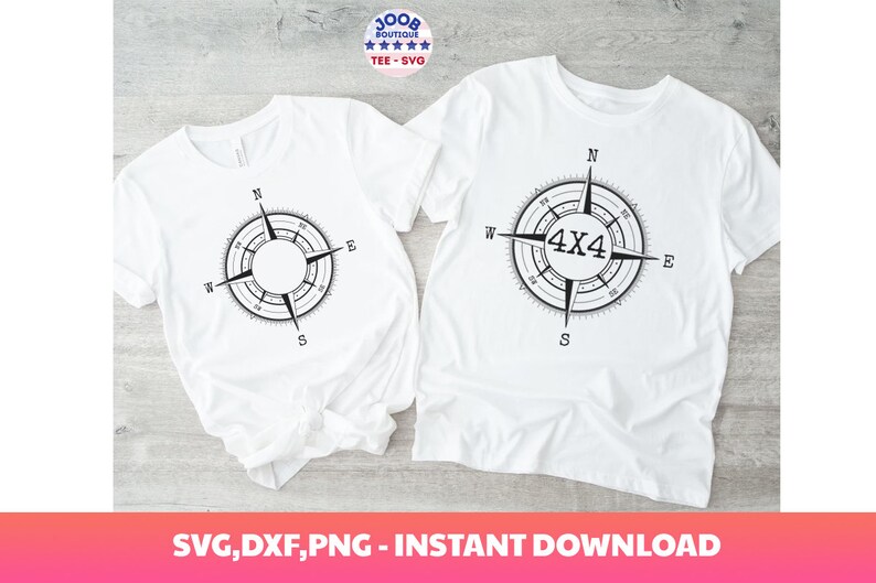 May include: Two white t-shirts with a compass design. One shirt has a compass with the text "4X4" inside. The other shirt has a compass with a blank circle inside.