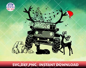 Puede incluir: Silueta negra de un jeep con un árbol de Navidad, regalos y luces en la parte superior. El jeep tiene cuernos de reno y un gorro de Papá Noel. Dos renos están de pie a cada lado del jeep. El fondo es una acuarela verde.