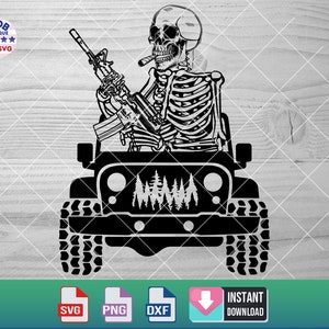 Armas de esqueleto militar offroad americanas Svg, amante de caveira retrô svg, gráficos de terreno, terreno dos EUA, design divertido offroad, clipart offroad 4x4, Cricut