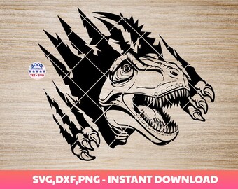 May include: A black and white illustration of a dinosaur's head and claws bursting through a ripped surface. The dinosaur's mouth is open, showing sharp teeth.