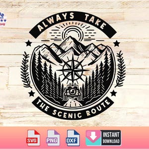 Always Take The Scenic Route svg,offrad car Camping svg,Compass Mountains And Trees SVG,Camping travel Wild Off Road,Mountains Scene ,Cricut