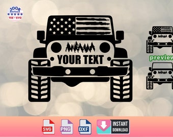 Könnte beinhalten: Schwarz-weiße Silhouette eines Jeeps mit einer amerikanischen Flagge auf der Windschutzscheibe und einer Reihe von Bäumen über dem Text "YOUR TEXT".