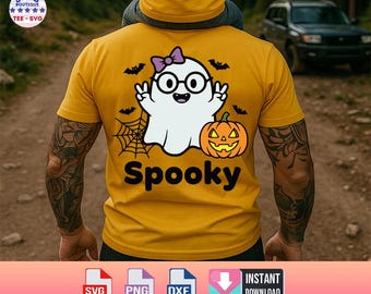 Lindo fantasma de Halloween con calabaza SVG PNG, telaraña y murciélagos, ilustración de fantasma espeluznante, descarga digital kawaii para decoración de Halloween.