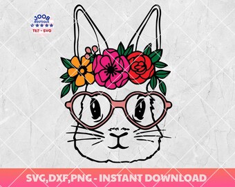 Cute Bunny Rabbit With Glasses svg, Floral Bunny SVG, Easter Bunny png svg, Happy Easter svg, Spring svg,Rabbit SVG,Flower Bunny svg, Cricut