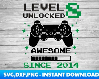 Nivel 8 Desbloqueado impresionante desde 2014 svg 8º cumpleaños Boy Gamer 8 años De Edad Controlador de videojuegos Joystick kid design Svg Cut File For Cricut