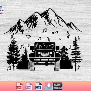 May include: Black and white silhouette of a jeep driving through a mountain landscape with trees and musical notes.
