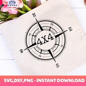 May include: A black and white compass design with the text "4X4" in the center. The compass points are labeled with the cardinal directions: N, S, E, W, NE, NW, SE, SW.