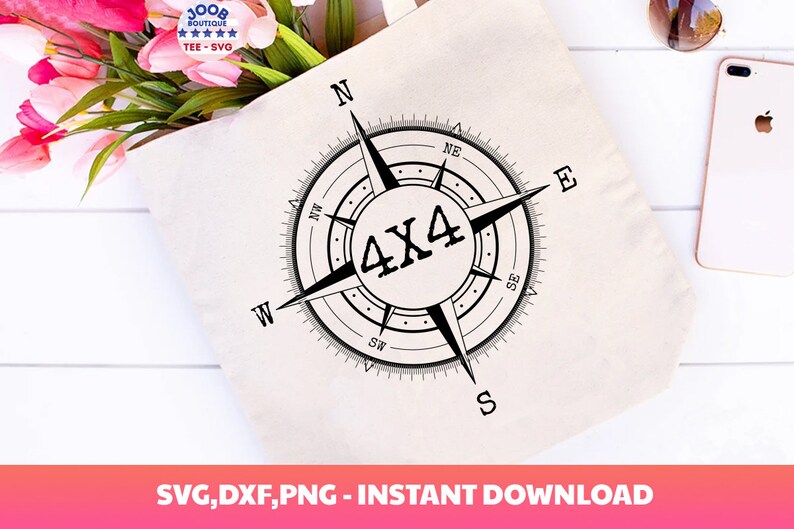 May include: A black and white compass design with the text "4X4" in the center. The compass points are labeled with the cardinal directions: N, S, E, W, NE, NW, SE, SW.