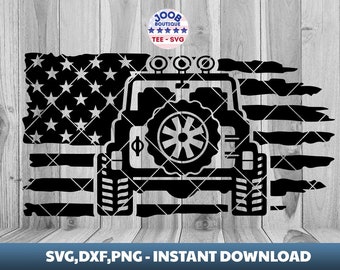 May include: Black and white silhouette of a Jeep with a US flag background. The Jeep has a spare tire on the back and a roof rack with lights. The flag is distressed and has a tattered edge.
