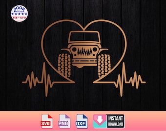 May include: A gold-coloured heart with a jeep inside and a heartbeat line below. The jeep has a forest scene in the windscreen.