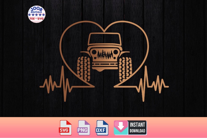May include: A gold-colored heart with a jeep inside and a heartbeat line below. The jeep has a forest scene in the windshield.