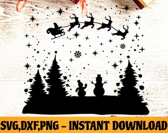 Christmas Night SVG, Santa Sleigh SVG, Snowman Svg Scene, Reindeer ...
