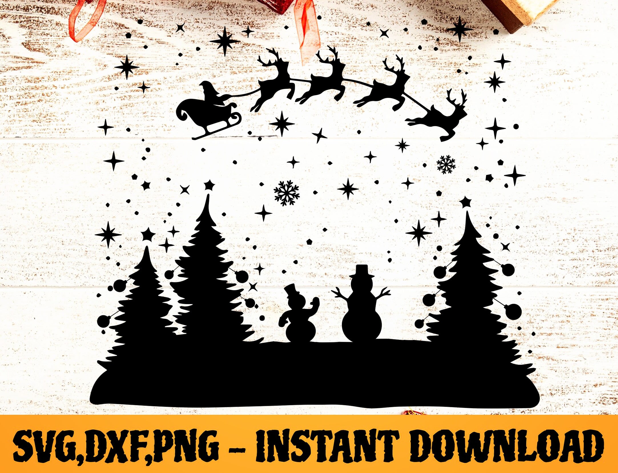 Christmas Night Tree SVG, Santa Sleigh SVG, Snowman Svg Scene, Reindeer ...