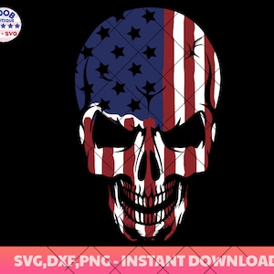 May include: A black and white skull with the American flag design. The skull is facing forward with a menacing expression. The stars and stripes of the flag are visible on the skull's head and face.