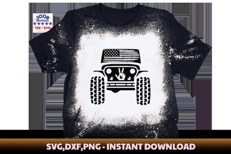 May include: Black and white silhouette of a Jeep with an American flag on the bonnet and a peace sign on the grille. The image is on a black t-shirt with a white splatter effect.