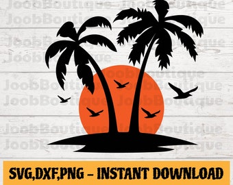 ヤシの木 SVG、ヤシの木の夕日 SVG、椅子 ビーチ サマー、パーム ビーチ SVG、自然 SVG、夏 SVG、ヤシ SVG、Cricut 用カット ファイル、シルエット
