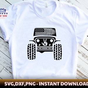 May include: Black and white silhouette of a Jeep with an American flag on the bonnet and a peace sign on the grille. The Jeep is on a white t-shirt. SVG, DXF, PNG - INSTANT DOWNLOAD