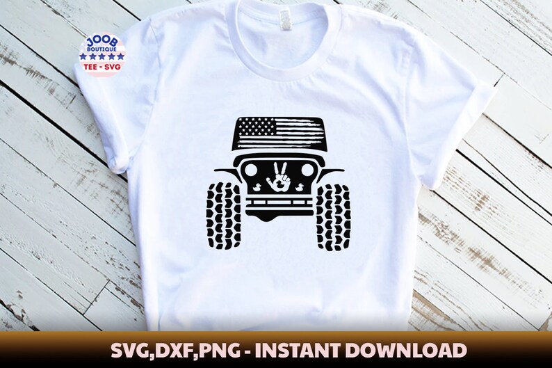 May include: Black and white silhouette of a Jeep with an American flag on the bonnet and a peace sign on the grille. The Jeep is on a white t-shirt. SVG, DXF, PNG - INSTANT DOWNLOAD