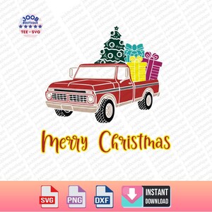 Rode kerstboom vrachtwagen Svg png, vintage vrachtwagen, kerstauto png, kerstauto kerstoverdracht, vakantie sublimatie, vrolijk kerstfeest, cricut