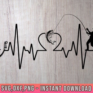 Battement de coeur pêche svg, svg de pêche au bar Pulse, hameçon de pêche battement de coeur svg, art png, toile, filet de pêche, pêche drôle Svg, Silhouette Cricut