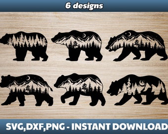 Peut inclure: Six silhouettes noires de ours avec une scène de montagne et de forêt à l'intérieur du corps de l'ours. L'ours est tourné vers la droite dans chaque design. Les designs sont sur un fond en bois. Le texte "6 designs" est en haut de l'image. Le texte "SVG,DXF,PNG - TÉLÉCHARGEMENT INSTANTANÉ" est en bas de l'image.