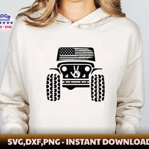 May include: A black and white silhouette of a Jeep with an American flag on the bonnet and a peace sign on the front grille. The Jeep is on a white background.