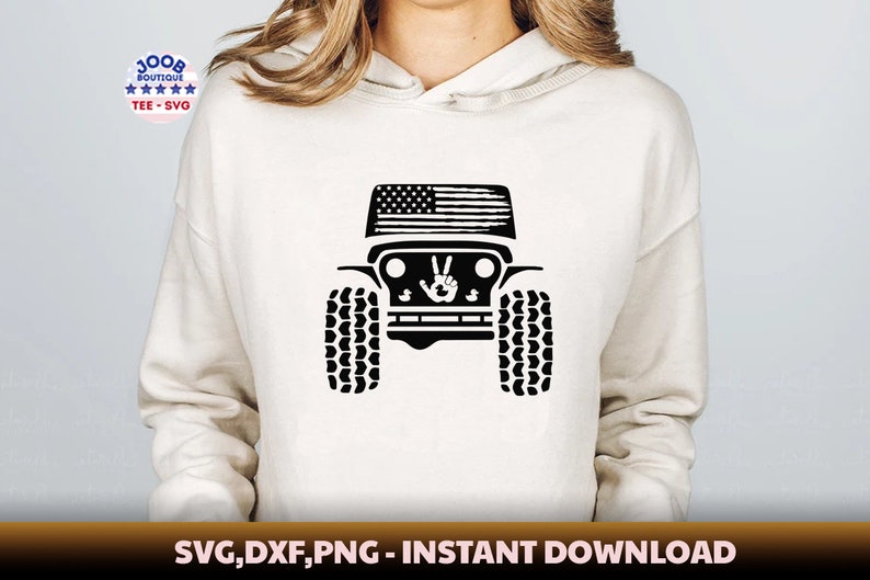 May include: A black and white silhouette of a Jeep with an American flag on the bonnet and a peace sign on the front grille. The Jeep is on a white background.