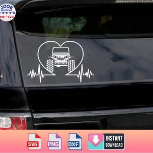 May include: White vinyl decal of a Jeep inside a heart with a heartbeat line below. The decal is on a black car window.