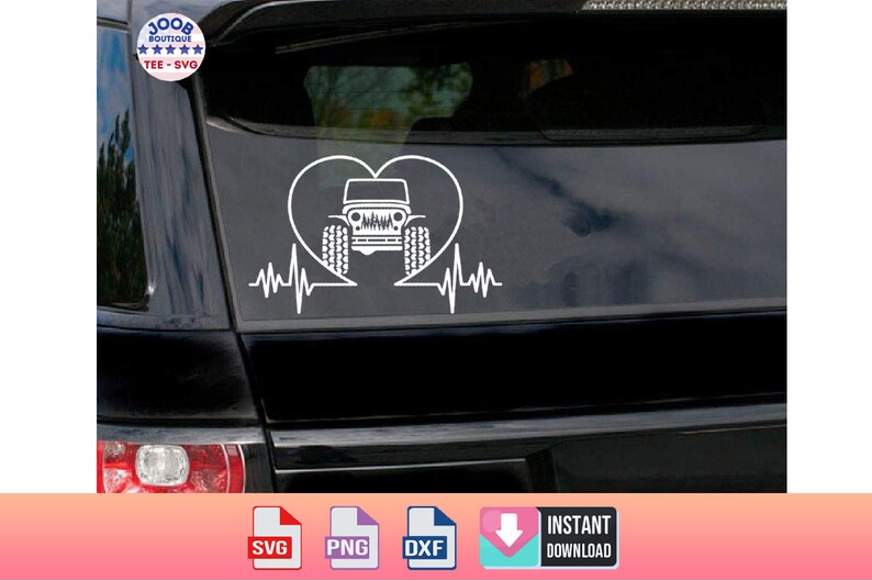 May include: White vinyl decal of a Jeep inside a heart with a heartbeat line below. The decal is on a black car window.