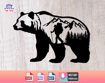 Hiker in Mountain svg,Bear And Forest SVG File,Adventure,Forest Outdoor svg,Camping svg,Trees svg,Forest svg,Mountain Climbing,Animal,Cricut