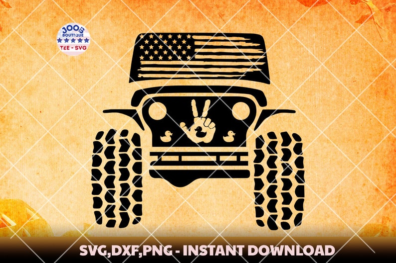 May include: Black and white silhouette of a Jeep with an American flag on the bonnet. The Jeep has a peace sign and rubber duckies on the front grille.  SVG, DXF, PNG - INSTANT DOWNLOAD