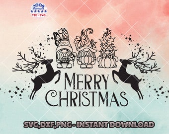 May include: Black and white digital design featuring three gnomes with fall-themed hats and a deer on each side. The gnomes are holding pumpkins and a potted plant. The text "MERRY CHRISTMAS" is written below the gnomes.