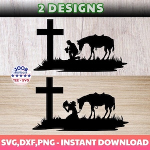 Cowboy Praying at Cross Horse svg, Cowgirl with Horses Kneeling Praying Svg, Cowboy with Horse Kneeling Praying at Memorial Cross, Cutfile