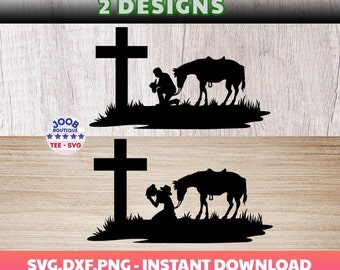 Cowboy Praying at Cross Horse svg, Cowgirl with Horses Kneeling Praying Svg, Cowboy with Horse Kneeling Praying at Memorial Cross, Cutfile
