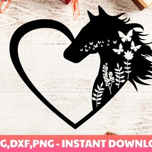 Cœur de cheval SVG, Cheval SVG, Papillon svg, Papillons flottants SVG, Silhouettes de cœur de cheval, svg floral, valentine svg , Silhouette Cricut