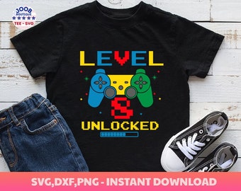Nivel 8 Desbloqueado cumpleaños niños niñas svg, 8vo cumpleaños Boy Gamer, 8 años Controlador de videojuegos Joystick diseño infantil, Gran 8vo cumpleaños