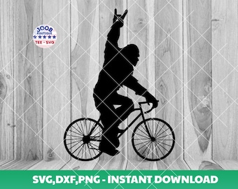 Puede incluir: Silueta de una persona montando en bicicleta con una mano levantada en un gesto de rock and roll. La persona lleva una camisa de manga larga y pantalones. La bicicleta tiene un cuadro y ruedas negras.
