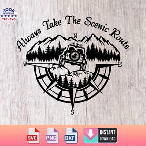 Always Take The Scenic Route svg,offroad car Camping svg,Compass Mountains And Trees SVG,Camping travel Wild Off Road,Mountains Scene,Cricut
