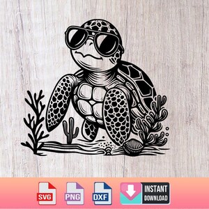 May include: Black and white illustration of a turtle wearing sunglasses and surrounded by plants. The turtle is facing forward and has a shell with a detailed pattern.