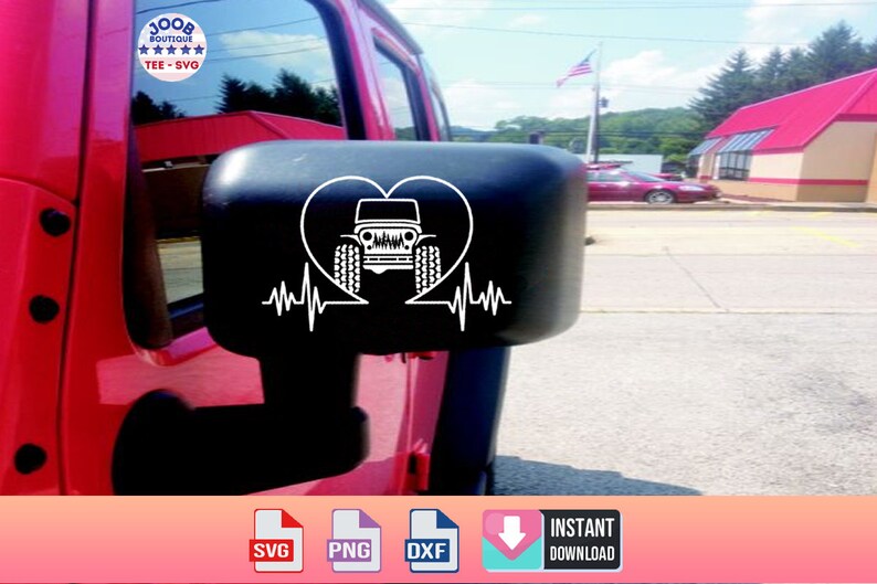 May include: A red Jeep Wrangler with a white heart and heartbeat graphic on the side mirror. The graphic includes a Jeep Wrangler silhouette inside the heart. The image includes the text "Joob Boutique Tee-SVG".