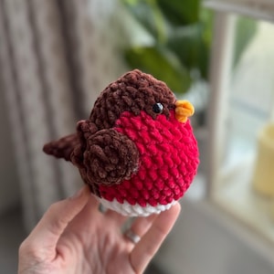 May include: A crocheted robin bird plush toy with brown wings, a red body, and a white belly. The bird has a small orange beak and black eyes.