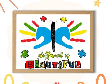 Autism Awareness Handprint Crafts Kids | Different is Beautiful Printable | Puzzle Piece Butterfly Art | Preschool Neurodiversity Activity