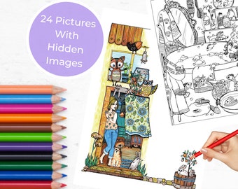 May include: A black and white coloring page with 24 hidden images. The image features a girl standing in a doorway with a cat, dog, and rabbit. The text "24 Pictures With Hidden Images" is in a purple circle at the top of the page.