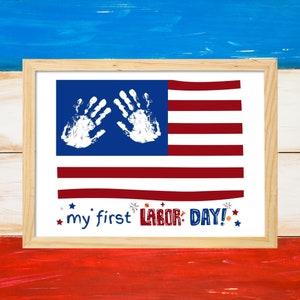 Labor Day Handabdruck Andenken Art Craft Printable | USA Patriotisches Vorschulhandwerk | My First Labor Day Handabdruck | Tag der Arbeit Karten