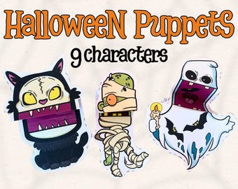 以下が含まれることがあります： 黒猫、ミイラ、幽霊など、ハロウィンのパペットキャラクターが9体。パペットは白い紙に印刷されており、簡単に組み立てられるようにカットアウトラインが付いています。画像の上部には「Halloween Puppets」と「9 characters」のテキストが印刷されています。
