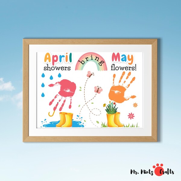 April Showers Bring May Flowers Art Craft Printable | Spring Activities Flower Handprint Art Craft Keepsake for Preschool Kids Printable 