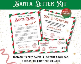 May include: A Christmas-themed Santa Letter Kit, including a letter from Santa, a Nice List Certificate, and an envelope. The kit features red, green, and white designs with the text "Santa Letter Kit". It's editable with Canva and includes a ready-to-print PDF.