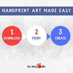 May include: A three-step guide to creating handprint art. The steps are download, print, and create. The image features a red circle with the number 1 and the word "download", a white circle with the number 2 and the word "print", and a blue circle with the number 3 and the word "create".