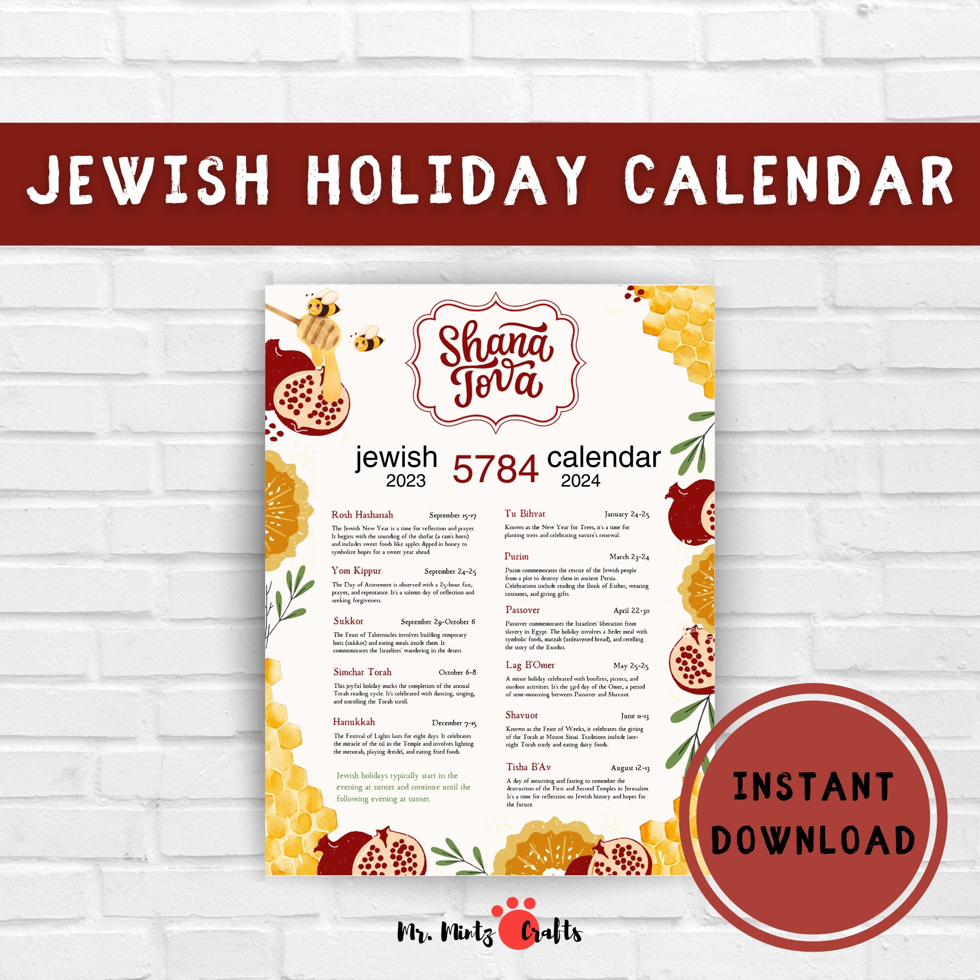 Jewish Holiday Calendar Hebrew Calendar 5784 Jewish Wall Art Rosh Hashanah  Gift Jewish New Year Cards Jewish New Year Gifts - Etsy